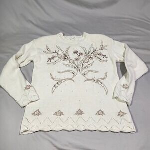 CAPACITY Knit Pullover Sweater SMALL Cream Embroidered Beaded Eyelet Scallop Hem